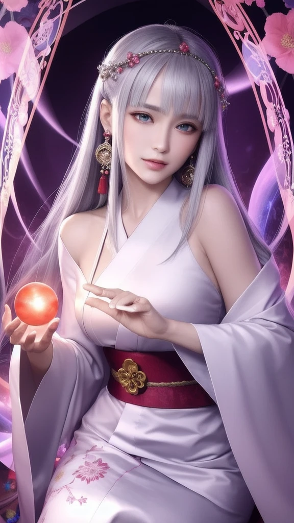 (masterpiece, top quality, 1 female, solo, exquisite details, chromatic aberration), (realistic), (skin), ((breathing)), (silver hair, blunt bangs, cropped straight long hair, short bangs, silver hair), beautiful hair, red headdress, highlights, hair on one eye, beautiful eyes, purple eyes, thick lips, earrings, piercing eyes, ((gold and white kimono)), ((symmetrical eyes)), ((perfectly symmetrical body)), ((perfectly symmetrical hands)), (purerosface_v1:0.3), full moon night, ((self, natural light))), bright lighting, flowers blooming in background, in front of viewer, ((central shot, from the front, (face and shoulders))), mysterious atmosphere, colorful flowers blooming around, bright colored background, shrine maiden in kimono, beautiful shrine maiden, Shrine maiden, fantasy female shrine maiden, female fortune telling shrine maiden, fantasy photography, Japanese style, elegant cinematic fantasy art, fantasy woman, sorceress portrait, powerful wizard surrounded by mystical colorful flowers, holding a glowing heart crystal ball, eyes glowing with mystical energy, spells leaking from her mouth, vibrant sorcery vortexes pulsating with rainbow hues appear in the air, magic permeates, flowers bloom, sacred creatures gaze in awe, threads of magical energy dance, reveal hidden realms, unravel secrets, capture the essence of this enchanting moment and bring to life the mystical power of sorcery on a canvas of the highest quality and finest detail. Top quality, masterpiece, ultra high resolution, (photorealistic: 1.4), RAW photo, sharp focus, high resolution, detailed skin.
Flowers blooming all around, bright colored background, fortune teller in kimono, beautiful fortune teller, fortune teller, fantasy female fortune teller, female fortune teller, fantasy photography, Japanese style, fortune teller in kimono, elegant cinematic fantasy art, fantasy woman, magician portrait, fortune teller, powerful wizard surrounded by mystical colorful flowers, holding a glowing heart c