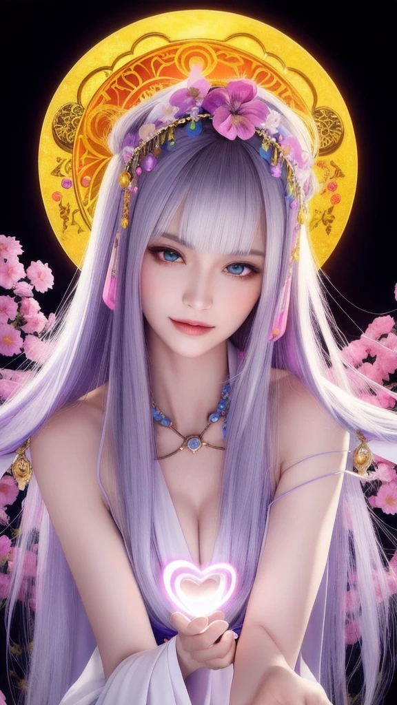 (masterpiece, top quality, 1 female, solo, exquisite details, chromatic aberration), (realistic), (skin), ((breathing)), (silver hair, blunt bangs, cropped straight long hair, short bangs, silver hair), beautiful hair, red headdress, highlights, hair on one eye, beautiful eyes, purple eyes, thick lips, earrings, piercing eyes, ((gold and white kimono)), ((symmetrical eyes)), ((perfectly symmetrical body)), ((perfectly symmetrical hands)), (purerosface_v1:0.3), full moon night, ((self, natural light))), bright lighting, flowers blooming in background, in front of viewer, ((central shot, from the front, (face and shoulders))), mysterious atmosphere, colorful flowers blooming around, bright colored background, shrine maiden in kimono, beautiful shrine maiden, Shrine maiden, fantasy female shrine maiden, female fortune telling shrine maiden, fantasy photography, Japanese style, elegant cinematic fantasy art, fantasy woman, sorceress portrait, powerful wizard surrounded by mystical colorful flowers, holding a glowing heart crystal ball, eyes glowing with mystical energy, spells leaking from her mouth, vibrant sorcery vortexes pulsating with rainbow hues appear in the air, magic permeates, flowers bloom, sacred creatures gaze in awe, threads of magical energy dance, reveal hidden realms, unravel secrets, capture the essence of this enchanting moment and bring to life the mystical power of sorcery on a canvas of the highest quality and finest detail. Top quality, masterpiece, ultra high resolution, (photorealistic: 1.4), RAW photo, sharp focus, high resolution, detailed skin.
Flowers blooming all around, bright colored background, fortune teller in kimono, beautiful fortune teller, fortune teller, fantasy female fortune teller, female fortune teller, fantasy photography, Japanese style, fortune teller in kimono, elegant cinematic fantasy art, fantasy woman, magician portrait, fortune teller, powerful wizard surrounded by mystical colorful flowers, holding a glowing heart c