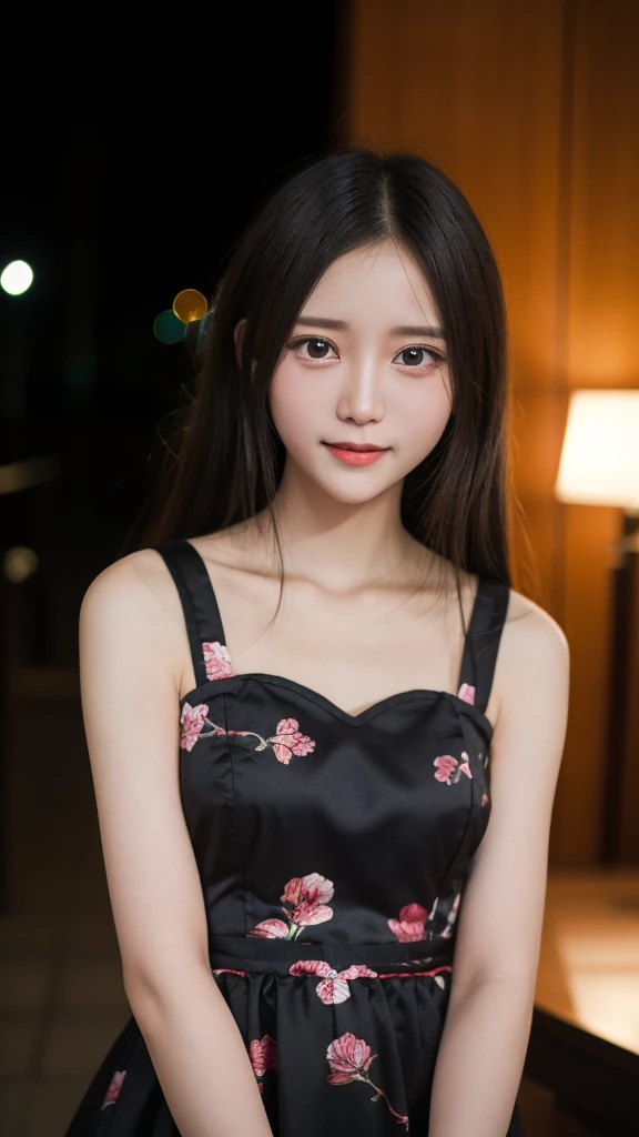 masutepiece, Best Quality, 8K, 10yaers old, Teen, Raw photo, absurderes, award winning portrait, Smile, Solo, (Night:1.8), Idol face, violaceaess, Delicate girl, Upper body, Digital SLR, Looking at Viewer, Candid, Sophisticated,Thin arms, Professional Lighting, Film grain, chromatic abberation, (Eyes and faces with detailed:1.0), (Bokeh:1.1) , (qipao dress:1.1) , closes mouth
