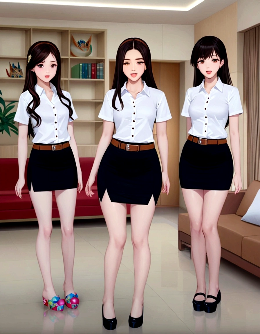 three women in short skirts are standing in a room, jk uniform, mini-skirt, wearing skirt, wearing , pencil miniskirt, miniskirt, wearing honey - themed miniskirt, wearing tight simple clothes, wearing a skirt, short skirt length, full body xianxia, anime thai girl, skinny waist and thick hips, wearing a 