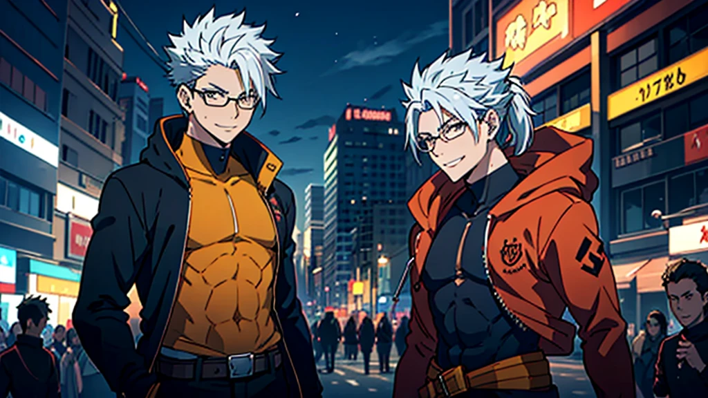 Perfect anatomy and highly detailed face, Delicate depiction of the eyes, Accurate drawing, Beautiful Hair, Detailed Background, Edgy, Depiction of a single male human in combat, The subject is only one man in his late 20s., Red hoodie and black pants, Warm, loose-fitting clothing, , A casual fashion style where you wrap your jacket around your waist, Tanned or deep brown skin, Her distinctive white or silver hair is tied in a short ponytail., He wears his distinctive trademark thick black-rimmed glasses., Modest earrings, Mafia with a cynical smile, A Villain with a Very Deep Wound, A sarcastic man with a malicious smile, A young man with narrowed eyes smiling, I have inner loneliness, Deep down, I feel like life is hard, Jealousy and envy towards successful people, The insight and resignation that come from hard work and failure, Perverse Desperation, Sword in a sheath, A mercenary with a scimitar on his belt, Wielder of a sheathed sabre, The scene of a large-scale indiscriminate terrorist attack, Burning and collapsing building,
