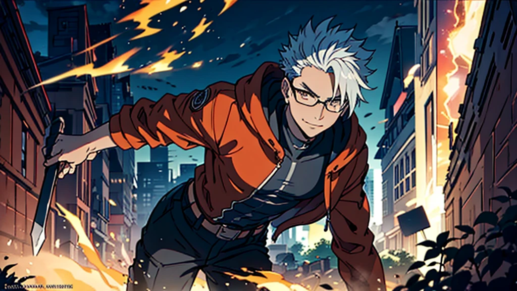 Perfect anatomy and highly detailed face, Delicate depiction of the eyes, Accurate drawing, Beautiful Hair, Detailed Background, Edgy, Depiction of a single male human in combat, The subject is only one man in his late 20s., Red hoodie and black pants, Warm, loose-fitting clothing, , A casual fashion style where you wrap your jacket around your waist, Tanned or deep brown skin, Her distinctive white or silver hair is tied in a short ponytail., He wears his distinctive trademark thick black-rimmed glasses., Modest earrings, Mafia with a cynical smile, A Villain with a Very Deep Wound, A sarcastic man with a malicious smile, A young man with narrowed eyes smiling, I have inner loneliness, Deep down, I feel like life is hard, Jealousy and envy towards successful people, The insight and resignation that come from hard work and failure, Perverse Desperation, Sword in a sheath, A mercenary with a scimitar on his belt, Wielder of a sheathed sabre, The scene of a large-scale indiscriminate terrorist attack, Burning and collapsing building,