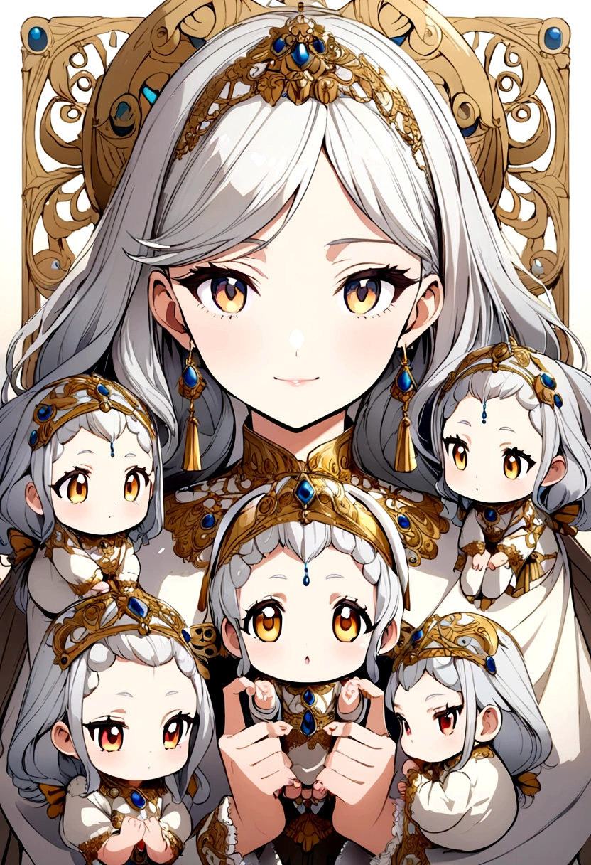 anime style woman ,silver hair golden eyes ,with five tender and adorable silver-haired  