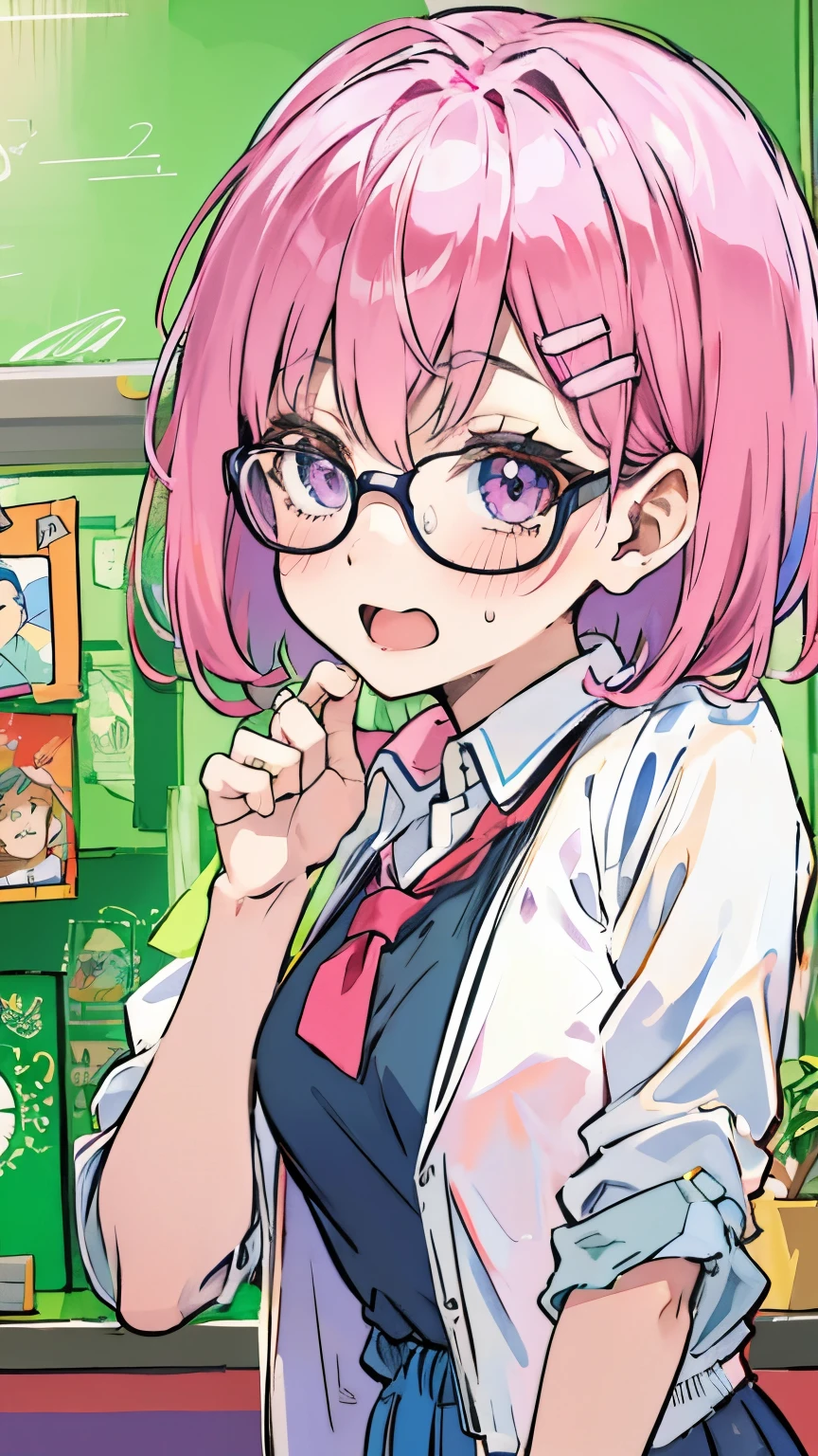 purple eyes,1girl,16yo,(shaved sides),(covering one eye),forehead,short hair,pink hair,red glasses,classroom background,(cheerful,happiness,blush,open mouth),darkblue school vest,red ribbon on chest,(anime color,anime style:1.2),(small breasts),long sleeve