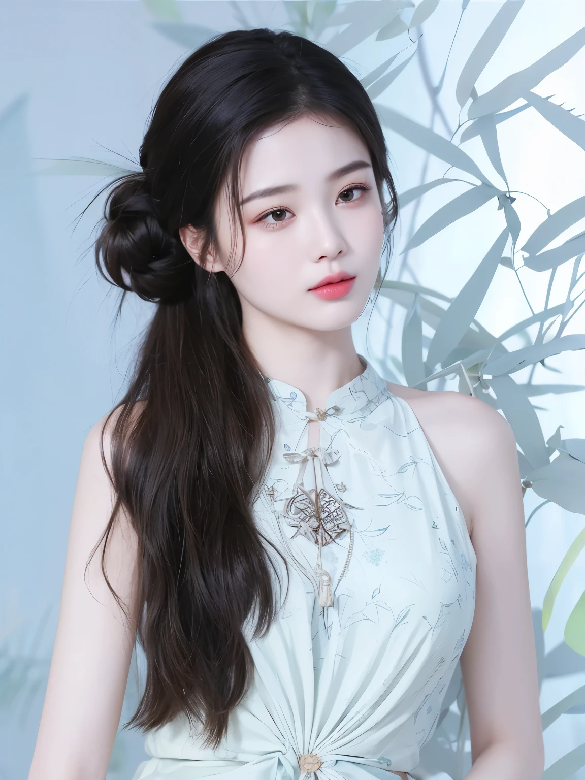 masterpiece,Best quality,Wearing a skirt,Girl with black hair,Hair tied on one side,Flowing hair,Chinese style,Sweet girl,Exquisite facial features,20 years old,Chinese Girl,