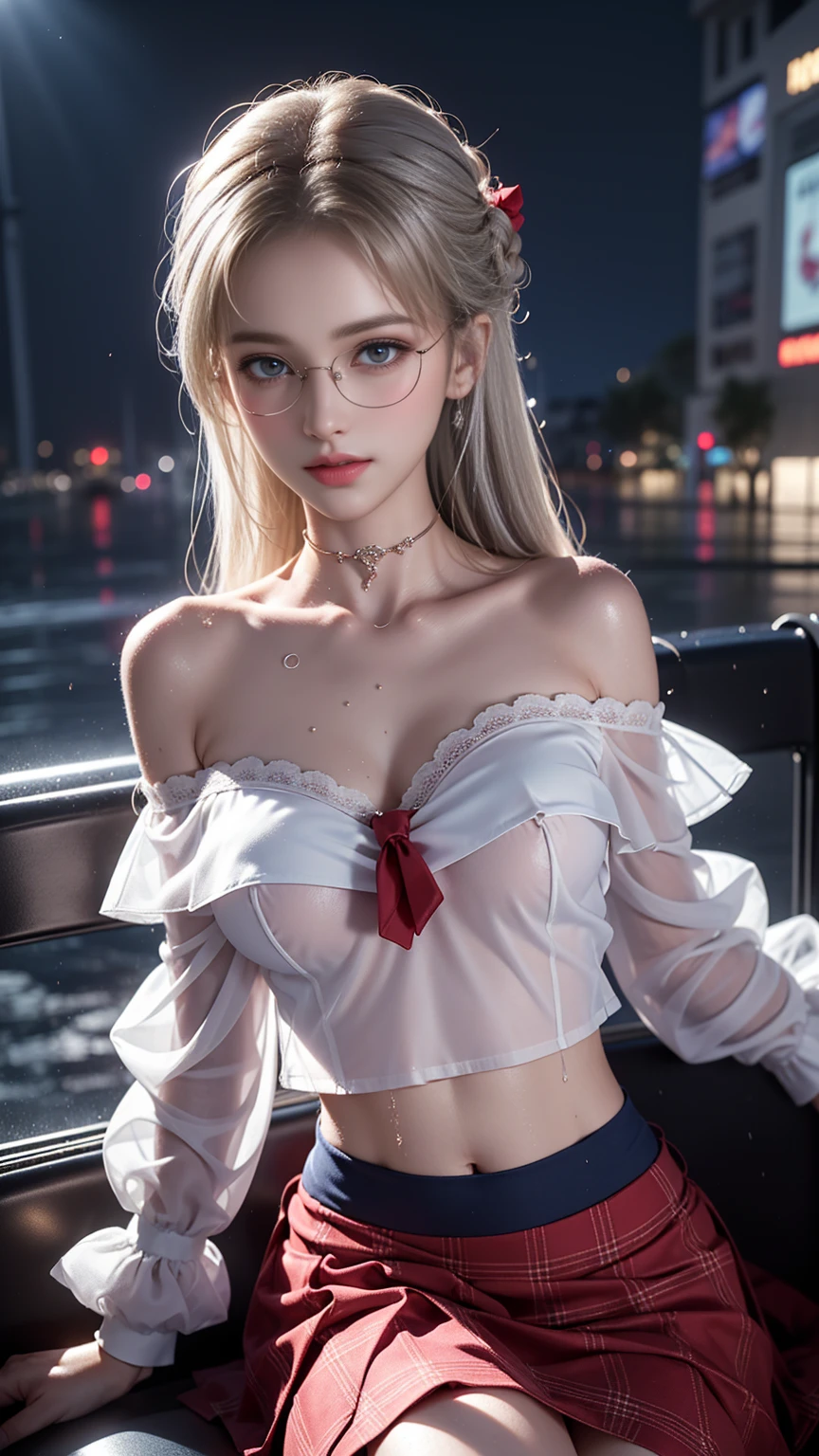 (RAW shooting, Photorealistic:1.5, 8K, Highest quality, masterpiece, Ultra-high resolution), Perfect dynamic composition:1.2, Night Street Corner, Looking up at the sky:1.3, (((Heavy rain from a typhoon))), Highly detailed skin and facial textures:1. 2, A slim high school girl wet with rain:1.3, Sexy beauty, Perfect Style:1.2, Aesthetic and beautiful, Fair skin, Very beautiful face, (Rain dripping all over my body:1. 2, Wet Hair:1.4, Wet Hair:1. 2）、Water droplets on the skin、（Medium chest、Chest gap）、（Shy laugh、The expression when feeling intense caressing、Facial expression when feeling pleasure）、（Beautiful blue eyes)、perfect body、Perfect fingertips（Girl sitting on train seat）、Highest quality作品、Live-action work、Ultra Premium Graphics、8K HD CG作品、High Quality Graphics、High-definition CG works、10x pixels、Ultra-fine details：1. 1、Advanced technical details：1.1、Photorealistic、室内Lighting Effects：1.5、Natural light：1.5。Lighting Effects（バーチャルLighting Effects：1. 8），（Thin eyebrows），（High nose），（Clean red lips），（Rose Cheeks），（Subtle makeup face），（Girl），（Cute face），（Perfectly balanced face），（Light-toned foundation），（Enhances the clarity of the skin）((Off the shoulder、Translucent wet white blouse、loose red tie、Navy blue checked skirt)).（ Wet light blue bra、Pink nipples)、Clothes with a lovely swirl pattern design、Iris Heterochromatic Eyes、Silver Haired Girl、壁紙HDのOff the shoulder、((Nipples))、(Puffy eyes:1. 2)、(Thin legs)、(Light on face and chest)、((((Underboob))))、Underboob、Oily skin、Skinny、(the underside of the chest is slightly visible)、 (Underboobが見える、Belly button and ribs visible）、The hips and lower abdomen are visible、
40k, photograph, On the table, Highest quality, Rain Background, ((明るい髪Girl, She has a beautiful face and、Wear glasses, 
