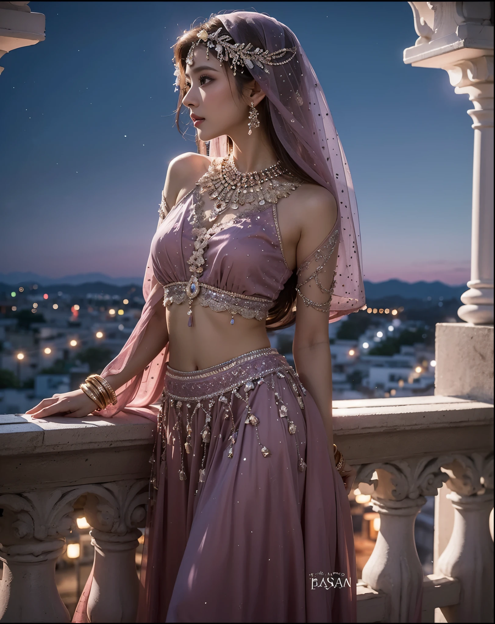 Beautiful Japanese waifu, early 30s, brunette hair, purple Indian wedding dress, in balcony