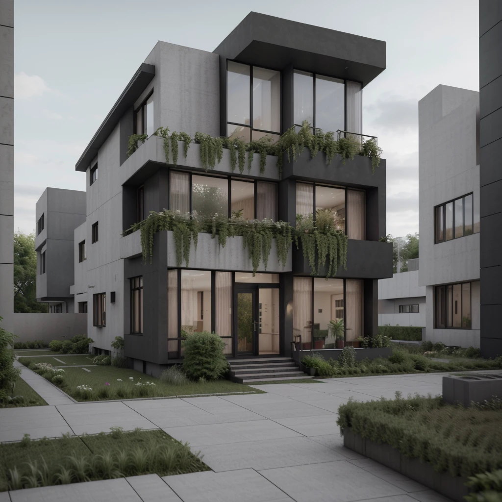 a modern 04 floors house with a lot of windows and a lot of plants, highly detailed render, very realistic 3 d render, realistic physical rendering, realistic architecture, Lumion render, high quality rendering, wide angle exterior 2022, natural realistic render, very realistic render, large modern residence, exterior design, high-quality render, professional render, black color, ground view from far, ISO 1600