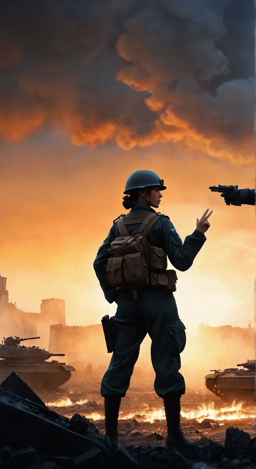 (A female soldier raised her hand to touch something,Background is the ruins of the city,Under the sunset:1.5)painting masterpiece, Extremely detailed, Black White Dark Steel Dark Blue Black Light Brown Dark Brown White Light Orange Dark Red Dark Green, Dramatic Lighting, evening, High contrast, steam, FOG, Israeli soldiers fighting with tanks on the battlefield, Movie Lighting, Aspect ratio of 16:9, steam, 4K, professional ominous Concept Art, author:artgerm and greg rutkowski, complex, elegant, Highly detailed digital painting, Concept Art, Smooth, Clear focus, illustration, Simon Starenhagen's style, Wayne Barlow, 和 igor kieryluk., Acrylic painting, Popular in pixiv Fan Box, Palette knife and brush strokes, Makoto Shinkai's styleJamie WiseJames GirardEdward HopperGreg RutkowskiStudio GhibliGenshin Impact
