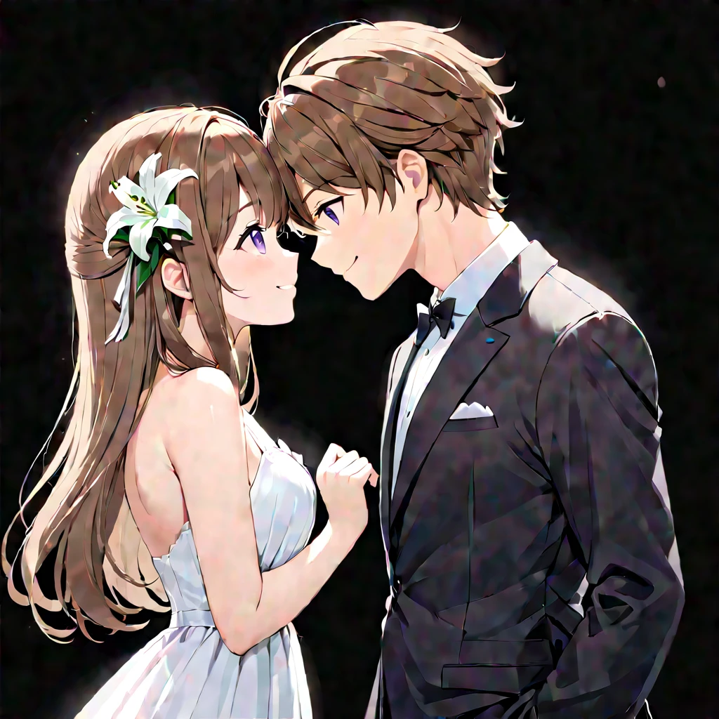 (masterpiece, best quality, pair, "Valentine's Day", face to face from side), long brown hair, purple eyes cute smile tilt face standing girl, a white lily flowet, a black-suits gentle-boy, simple background