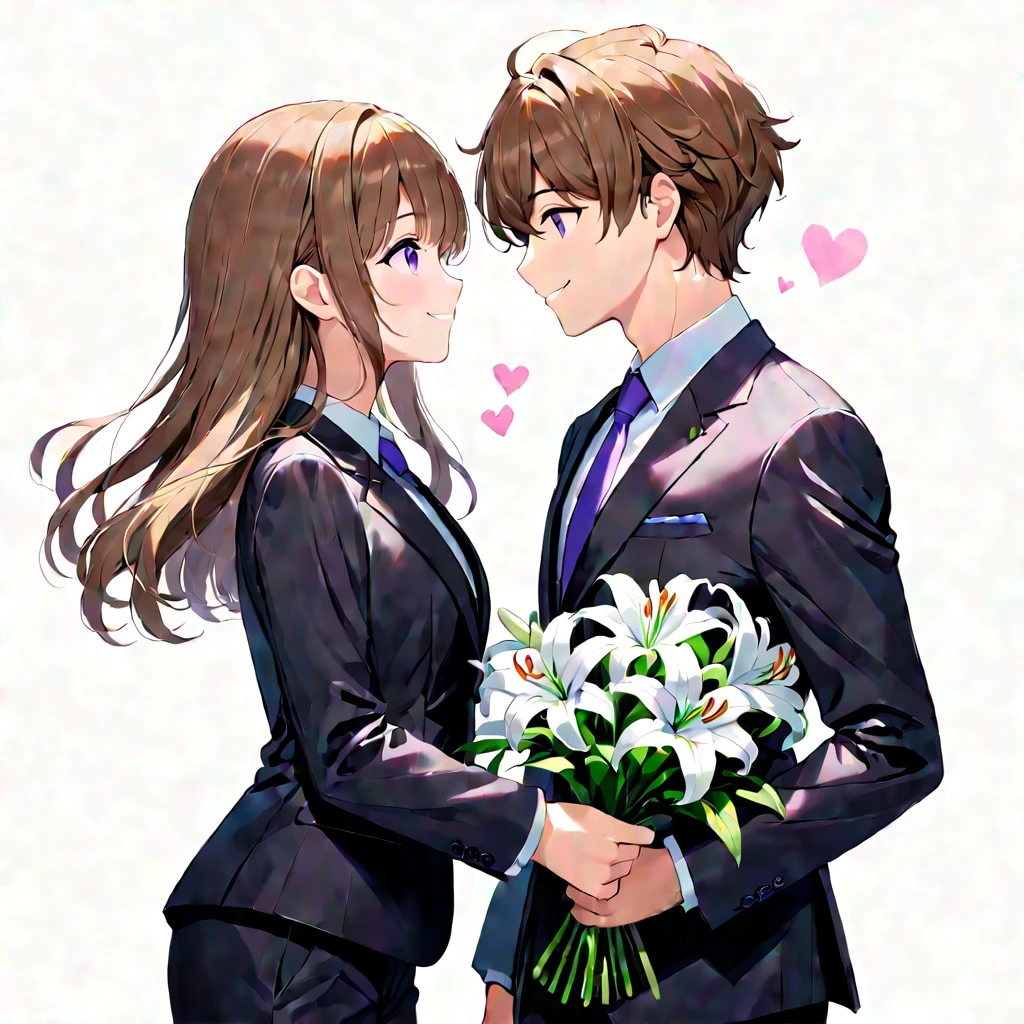 (masterpiece, best quality, pair, "Valentine's Day", face to face from side), long brown hair, purple eyes cute smile tilt face standing girl, a white lily flowet, a black-suits gentle-boy, simple background