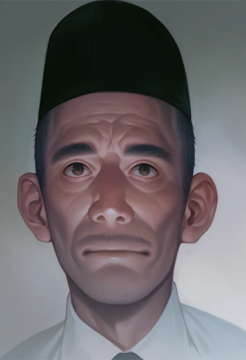 arafed man in a black hat and white shirt and tie, inspired by Basuki Abdullah, close up potrait, ramil sunga, full face portrait, potrait, symetrical portrait