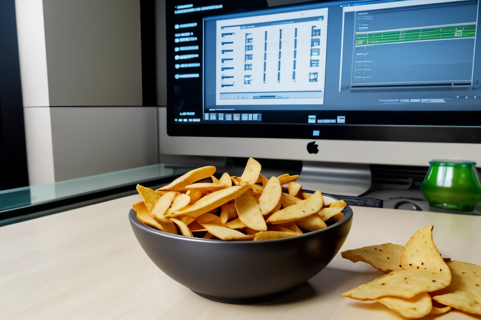 a bowl of chips next to a glass of beer, from ncsoft, by Grethe Jürgens, computer desk, streaming on twitch, bokehlicious, pacing in server room, sakimimichan, english style, ut 4, 21:9, 256 x 256 pixels, live