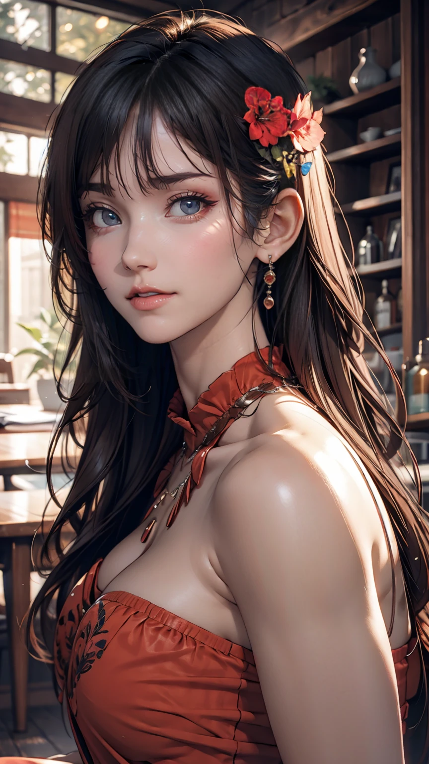 photoRealistic, Lip gloss, Painting, Realistic, Highest quality, Ultra-high resolution, depth, pastel colour, Natural Shading, Focus on the face, Face only, View your viewers, Long Hair, hair accessory, Black Hair, Brown, well-detailed eyes, dress