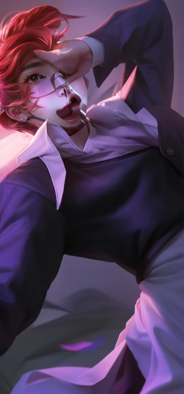 best quality, cartoon_portrait, 1boys, solo, looking at viewer, background, shirt, pink hair, red eyes, closed mouth, white shirt, upper body, earrings, hair bun, lips,