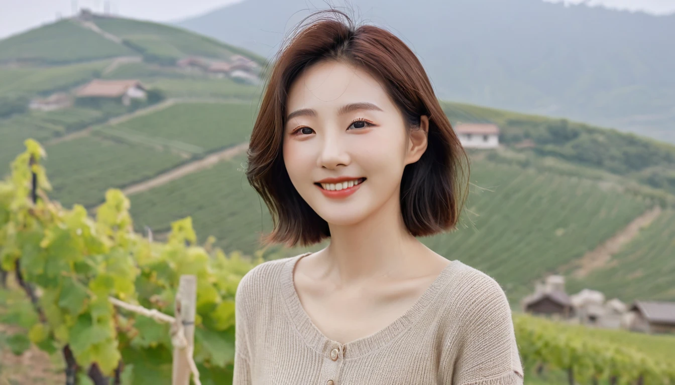 8k best picture quality, Beautiful 36-year-old Korean woman, My skin is good and my eyes are clear and pretty... clear and nice weather. Chest size 34 inches, italian countryside, past the vineyard, A cathedral can be seen in the fog in the distance.., The back background is realistic and vivid quality., Short and medium hair blowing in the wind, Wearing a luxurious luxury knit top Light brush that covers your shoulders. beige jeans, smile. the background is clear, Short and slim Korean woman, stand far away, Photo taken with a wide-angle lens, 1 womans. casual pants, laugh. the background is clear, Short and slim Korean woman, stand far away, Photo taken with a wide-angle lens, 1 woman