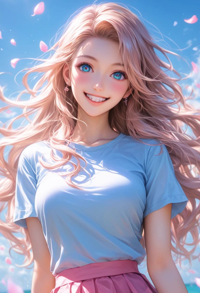 score_9, score_8_superior, score_7_superior,Wearing a blue anime-style T-shirt and pink skirt、In front of a cute girl with long hair smiling happily at the camera、There is a beautiful woman smiling gently here too、They both have sparkling eyes and bright white teeth., Background floating light effect, Fantasy Art Style, pastel colour, Digital Painting, Detailed anatomy, 超詳細なFantasy Art Styleの高解像度を備えたホログラフィック ルーム, Light blue petals on my cheeks, Realistic skin texture, whole body, Detailed Images, close-superior, 32k resolution, whole body, (whole bodyポートレート:1.5), 
