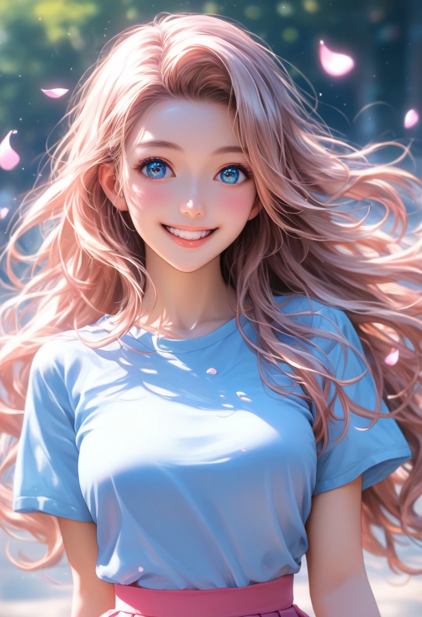 score_9, score_8_superior, score_7_superior,Wearing a blue anime-style T-shirt and pink skirt、In front of a cute girl with long hair smiling happily at the camera、There is a beautiful woman smiling gently here too、They both have sparkling eyes and bright white teeth., Background floating light effect, Fantasy Art Style, pastel colour, Digital Painting, Detailed anatomy, 超詳細なFantasy Art Styleの高解像度を備えたホログラフィック ルーム, Light blue petals on my cheeks, Realistic skin texture, whole body, Detailed Images, close-superior, 32k resolution, whole body, (whole bodyポートレート:1.5), 