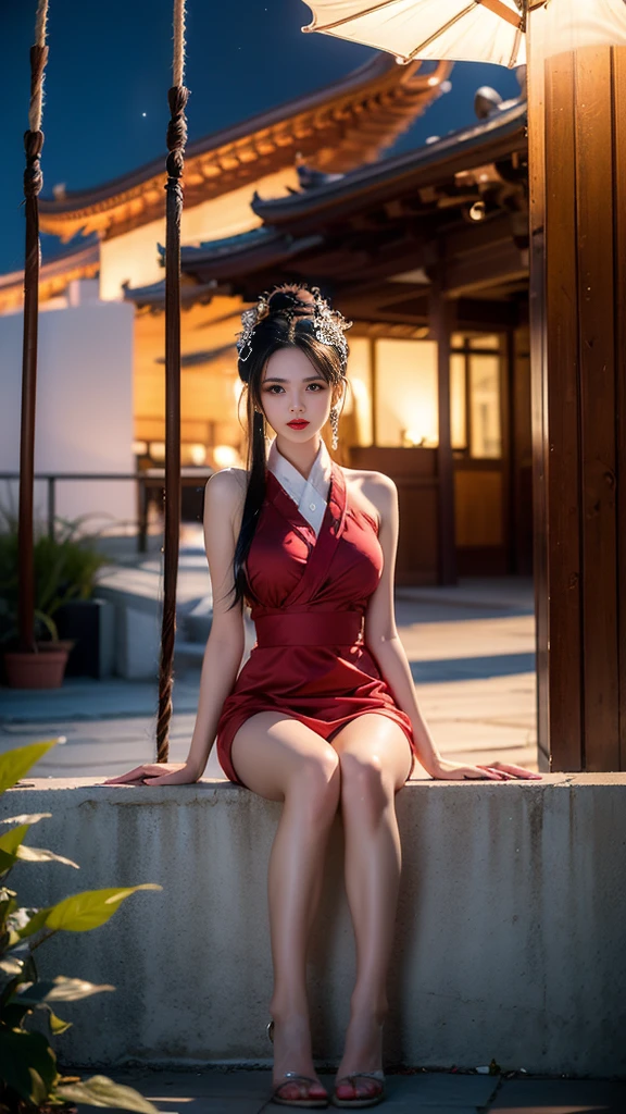 BAINV, (masterpiece, best quality:1.2), 1girl, 独奏, ((gufeng,bare shoulders)), at the hilltop,Moonlight,((night)), ((full body)), ((from below)), ((sitting position, sitting at the edge of a cliff)), figure of heroine,Slender sexy legs,very beautiful legs,Leaking sexy legs,Big breasts,beauty, mystery。Beautiful face,Otherworldly beauty。The bridge of the nose is straight,Lip color like cherry,Confident and calm。face chiseled,Skin as fair as jade,Makeup is light and delicate,Show her temperament and charm。Light foundation, Transparency of skin,perfect eyebrow shape,eye makeup,eye shadow,Eyeliner,Eyes are brighter and more energetic。Put on grace lipstick,Charm and sophistication。Clothes grace chic,Clothes flutter,Blown up by the wind,drifting into the distance。grace,Swinging action。Hair tied haphazardly behind the head,Secure it with a hosta,Strands of hair flutter gently in the wind,A beautiful landscape,Attract attention。beauty、grace、mystery