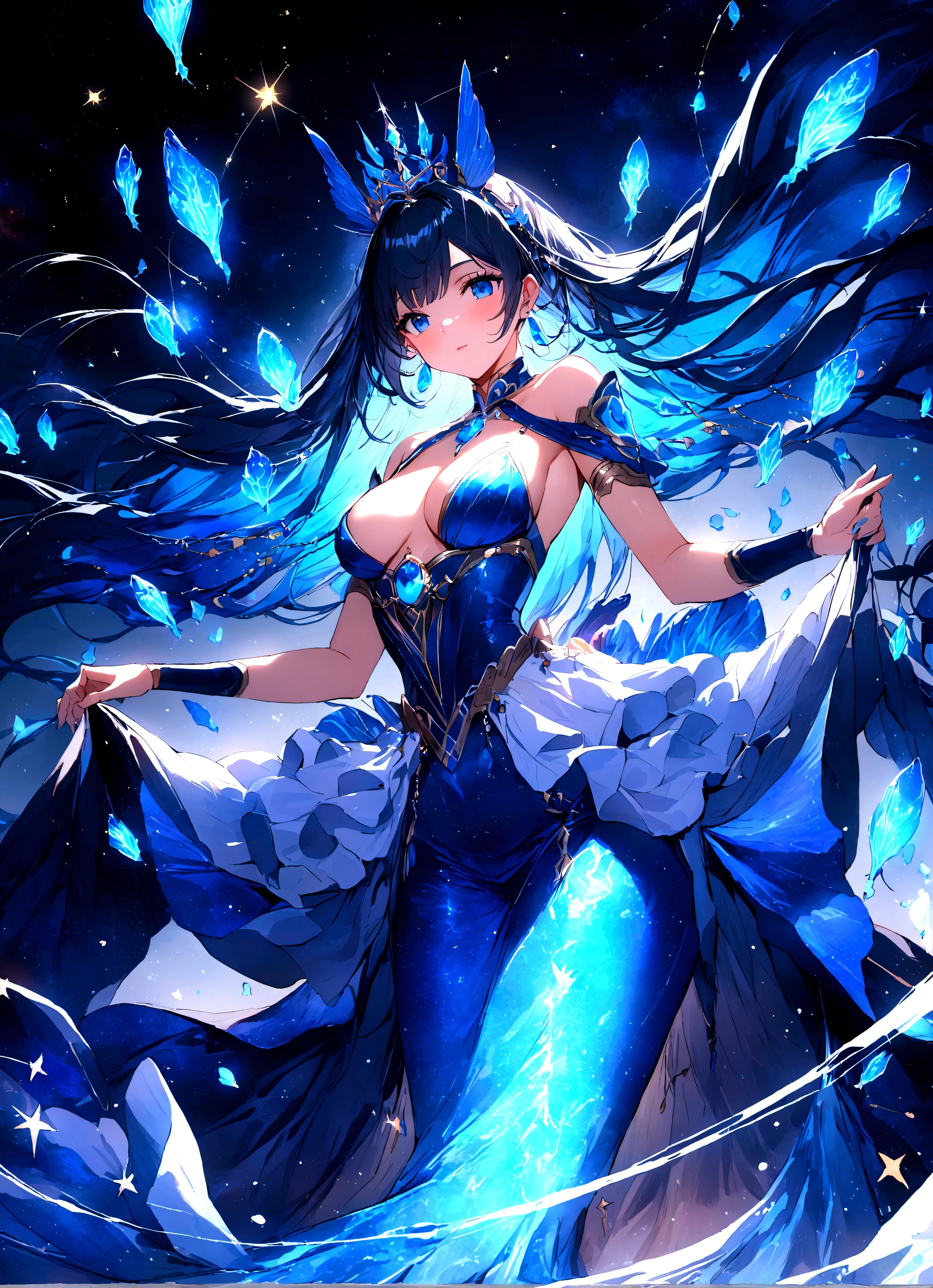 A masterpiece of excellent quality，Beautiful woman in exquisite clothing, Majestic goddess，Mermaid，(((Two blue fishes surround)))，Greek goddess，Pisces，Stars，Surrounded by floating rings，(Blue Energy), Galaxy Elements，celestial ambiance, Dark blue hair, mystery