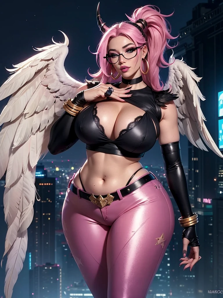realisticlying，22yo girl，Blonde short、big body, sexy lingerie lace black ,perfect eyes, hair bunches、very very long hair, ultradetailed hair, body nylon sexy, Breasts enlarged、 big body, blonde, woman 1.90 CM,ponytail, ((hair over eyes)),perfect mouth, massive big bounce oppai, WET SKIN, (masterpiece, best quality:1.2), 1girl, solo, city background, haze \(fortnite\), Harpy Haze From fortnite, 1girl, earrings, glasses, hat, jewelry, lips, long hair, looking at viewer, makeup, nail polish, pink eyes, pink hair, pink nails, smile, sunglasses, tinted eyewear, belt, black pants, crop top, eyeshadow, midriff, navel, pants, choker, fingernails, round eyewear, sharp fingernails, standing, black feathers, black headwear, hoop earrings, horned headwear, horns, denim, winged arms, feather trim, star \(symbol\), elbow gloves, dark pink lips, feathers, heels, shoes, angel wings, bangle, black wings, crop top overhang, feathered wings, harpy, low wings, multicolored hair, multicolored wings, pink wings, wings, fingerless gloves, shirt, long fingernails, boater hat, bootcut pants, leather pants, sleeves, black sleeves,massive big bounce oppai,massive big bounce oppai,massive big bounce oppai,
