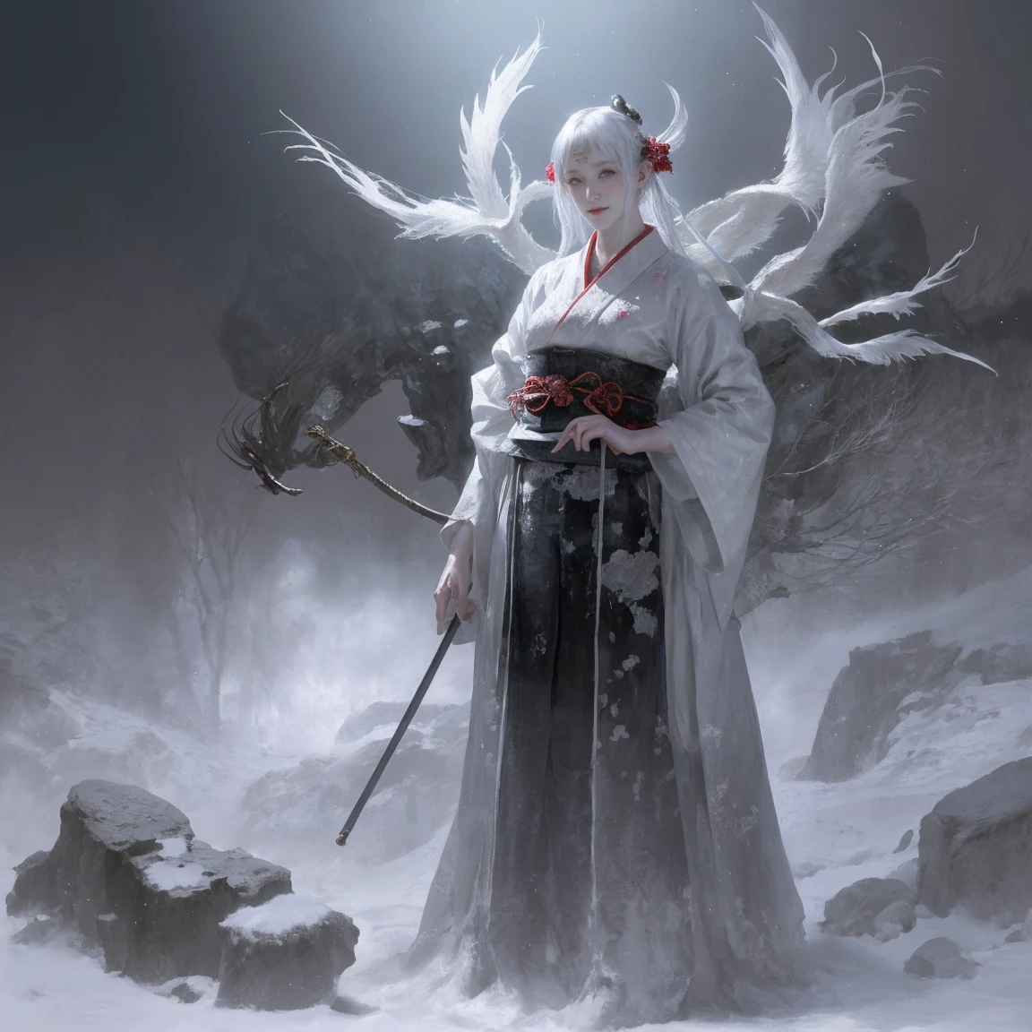 /imagineA realistic depiction of Yuki-onna, a snow spirit, wearing a traditional kimono. She is posed in an eerie, unnatural posture. The background is reminiscent of a setting often used in horror movies, with a dark, foreboding atmosphere similar to that in the Japanese horror film "Ju-on". The scene is detailed and lifelike, capturing the chilling and supernatural essence of the character and environment.