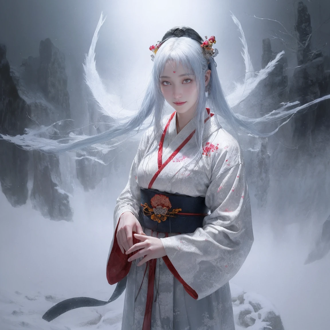 /imagineA realistic depiction of Yuki-onna, a snow spirit, wearing a traditional kimono. She is posed in an eerie, unnatural posture. The background is reminiscent of a setting often used in horror movies, with a dark, foreboding atmosphere similar to that in the Japanese horror film "Ju-on". The scene is detailed and lifelike, capturing the chilling and supernatural essence of the character and environment.