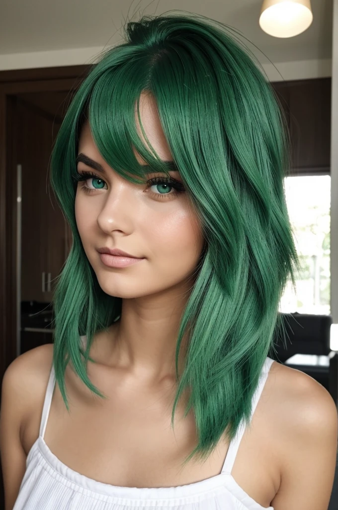 Create an 18 year old woman green hair color