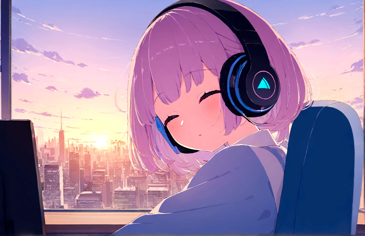 high quality、4K、Portrait、512、Lo-Fi、Girl sitting on a chair wearing headphones、Take a nap at your desk、close your eyes、city view outside the window、evening、pastel colour、Painting