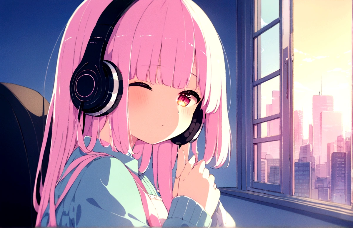 high quality、4K、Portrait、512、Lo-Fi、Girl sitting on a chair wearing headphones、Take a nap at your desk、close your eyes、city view outside the window、evening、pastel colour、Painting