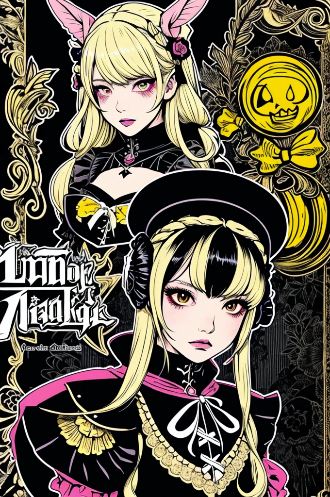 Beautiful hardcore illustration homepage illustration style, dark, High resolution, hard touch illustration, Strong outline, Two Girls, Gothic & ta Style, Gothic & Loliashion, 8K, American Comic Styles, Colorful background, Hiroyuki Nagasaka, Aggressive, Beautiful Face, Cool Beauty, dress, Beauty Style, Yellow color, Fight, Hard Illustration, Blonde Ears,