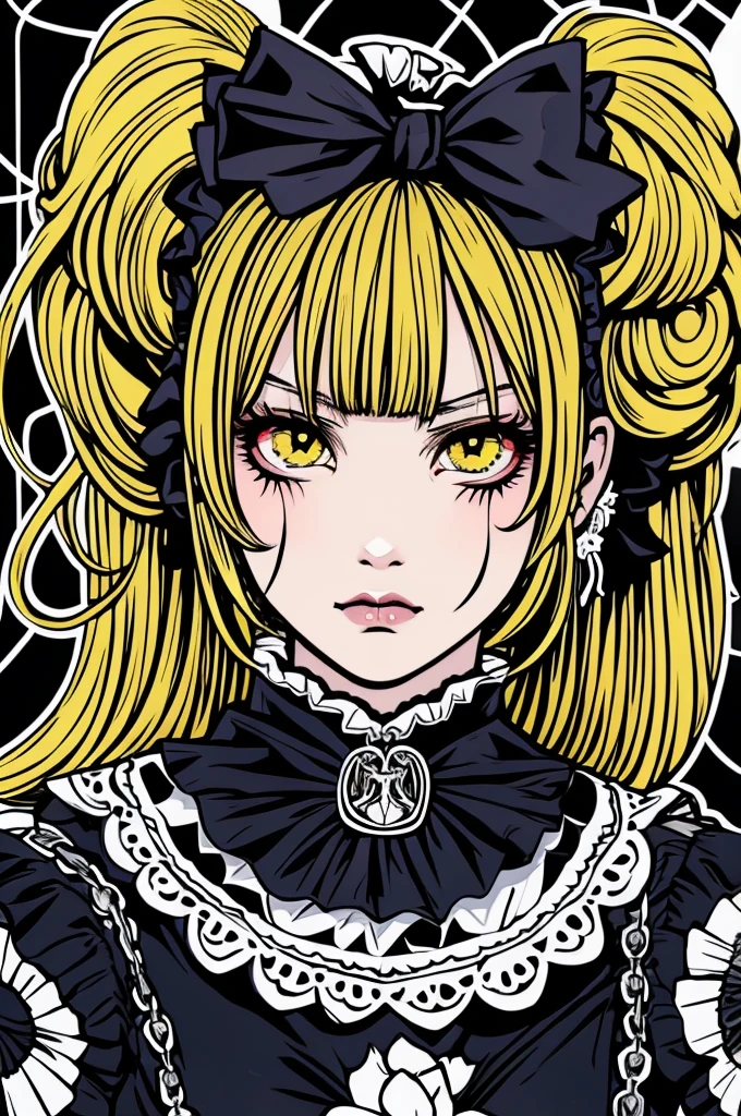Beautiful hardcore illustration homepage illustration style, dark, High resolution, hard touch illustration, Strong outline, Two Girls, Gothic & Lolita Style, Gothic & Lolita Fashion, 8K, American Comic Styles, Colorful background, Hiroyuki Nagasaka, Aggressive, Beautiful Face, Cool Beauty, dress, Beauty Style, Yellow color, Fight, Hard Illustration, Blonde Ears,