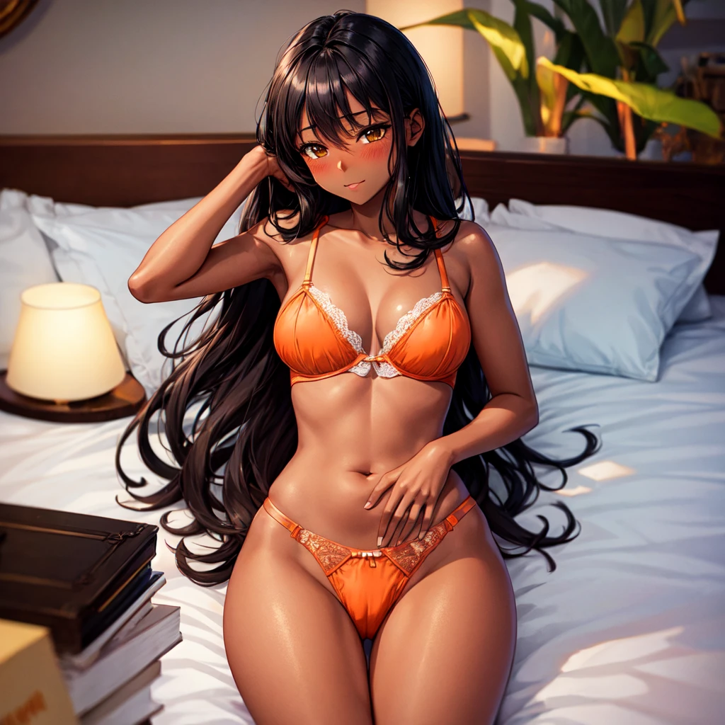 dark skin, orange lingerie, blushed, honeymoon, bed