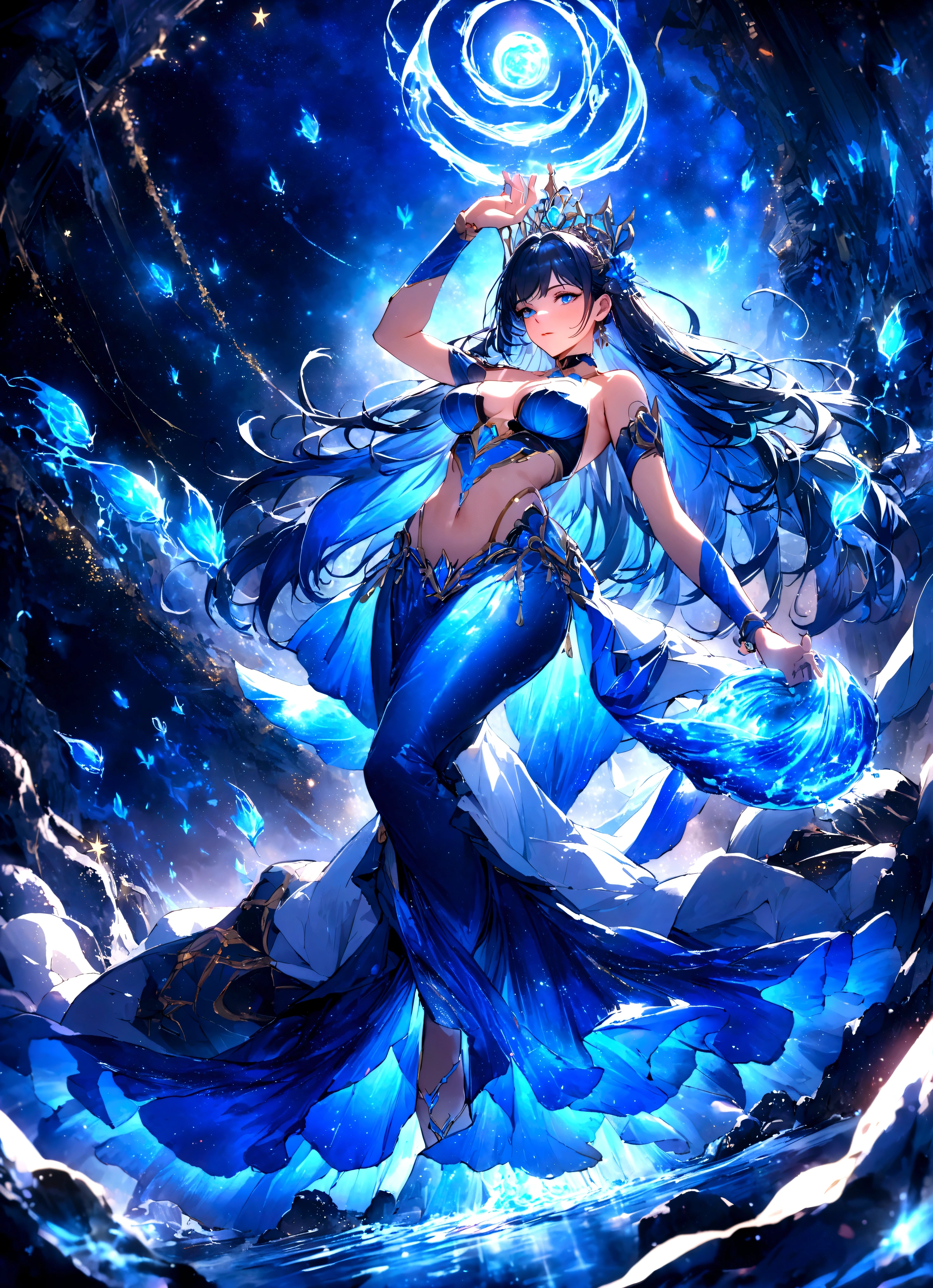 (illustration:1.8),(best quality),(masterpiece:1.5),masterpiece,extremely detailed CG unity 8k wallpaper),depth of field, mermaid, 1girl, solo, midriff, navel, armpits, bra, fins, gills, bracelet, armlet, necklace, pearls, choker, gold, jewelry, full body, koakuma, bat wings, head wings