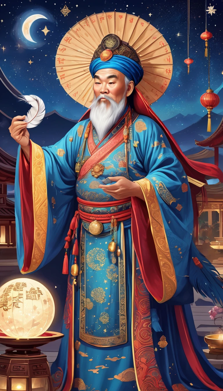 Detailed fortune teller in oriental style, Astrologer Kong Ming, flattery，Holding a feather fan，Looking at the night sky, Galaxy, Starlight, Gossip symbols, Good fortune and prosperity