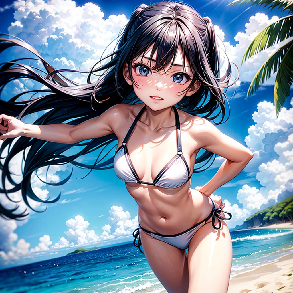 Tokidoki Bosotto on the beach with a white bikini