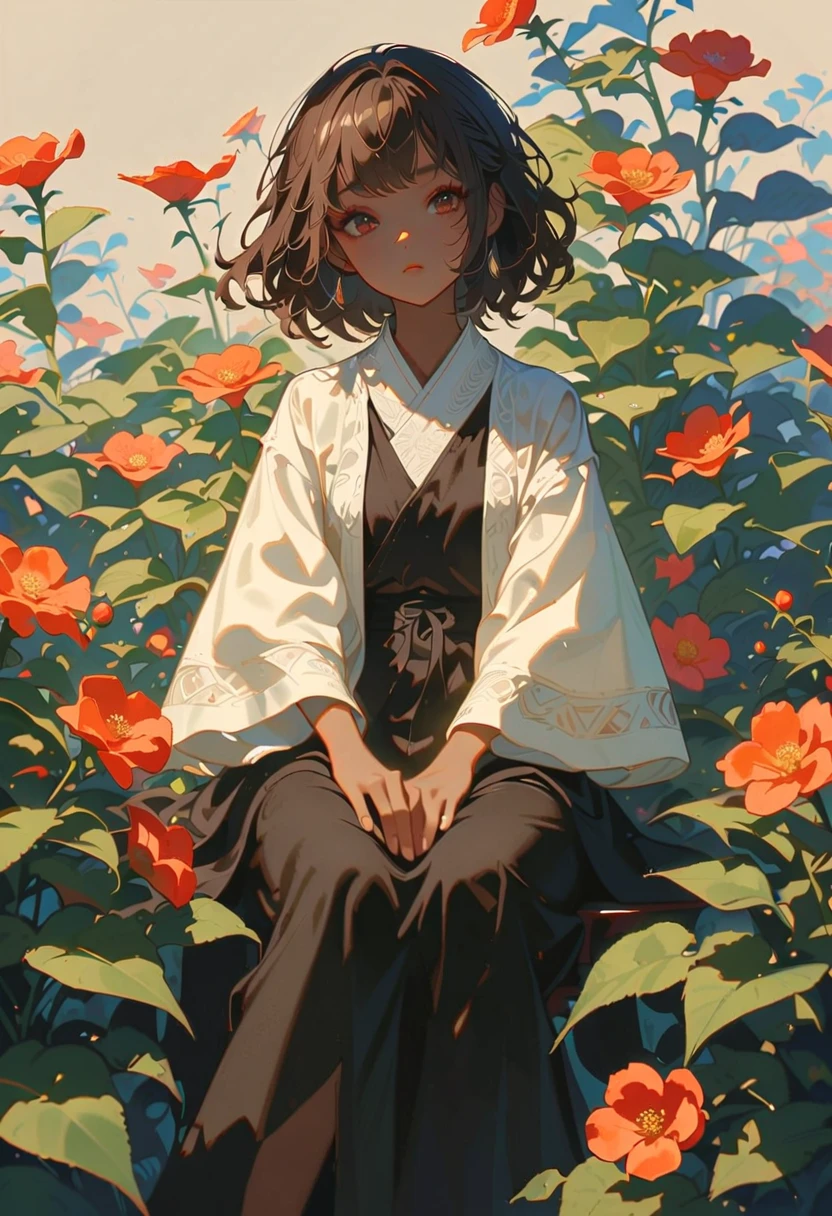 style 9, 1 girl, long dark brown, dark brown eyes, dark complexion, sitting in a flower garden