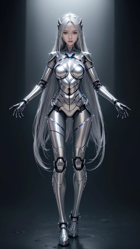 female robot, skin part is only face, silver metal skin, full metal robot body, mechanical parts, electronic wire, cum in pussy, high quality, medium breasts, long hair, tall, thigh gap, full body metal skin, wet, cum in pussy, metallic tits, separated breast, under repair, anatomical body