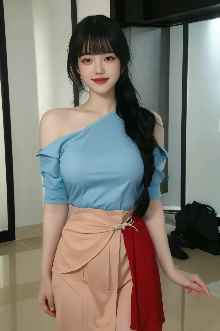 best quality, tmasterpiece,Ultra-high resolution,Clear face,(Reality:1.4),ferpect lighting,(full body), (photorealistic:1.50), anime wallpaper, Guviz style artwork, cover-up fantasy up to magic , by Yang J, Guviz, beautiful artwork illustration, beautiful digital artwork, beautiful digital illustration, Li Song, beautiful anime portrait, art style in Beauvot, 1girl, 独奏, bangs, One braid hair, black hair, Blush, red cheeks, blue eyes, Double eyelids, Long sleeve white t-shirt, Bare shoulders, super Giant breast:1.5, shagging breasts:1.3, Short pencil skirt, standing, room, Background inside the house, looking at viwer, smile,