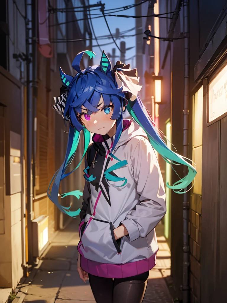 (masterpiece、top-quality、hight resolution)、A scene depicts a streetwalker in a quiet, dark alley at night, nervously offering her services. She stands with a hesitant posture, her eyes downcast, and her hands fidgeting. She shyly asks, "Um... how about spending the night with me? Uh, um, please." The background is a dimly lit alley with shadows cast by the few distant streetlights, emphasizing the isolation and vulnerability of the moment. Twin_Turbo_Umamusume, aqua hair, twintails, heterochromia, purple eyes, blue eyes, sharp teeth, flat chest, hores tails, nsfw