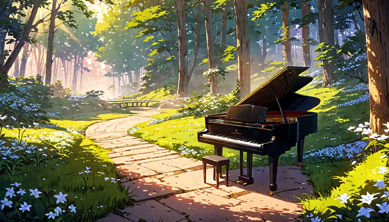 There is a piano on the forest path, Anime Background art, Beautiful peaceful scene in anime, Anime Art Wallpapers 8K, Background artwork, Anime Rush John 8k Woods, Relaxing concept art, anime nature wallpapers, anime art wallpaper 4k, anime art wallpaper 4k, arte koto no ha no niwa, Beautiful anime scenery, Anime Background、Gardenia flower