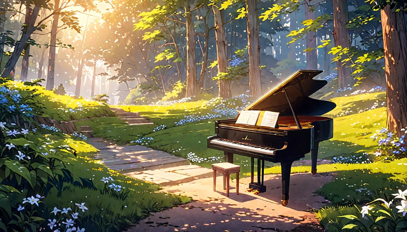 There is a piano on the forest path, Anime Background art, Beautiful peaceful scene in anime, Anime Art Wallpapers 8K, Background artwork, Anime Rush John 8k Woods, Relaxing concept art, anime nature wallpapers, anime art wallpaper 4k, anime art wallpaper 4k, arte koto no ha no niwa, Beautiful anime scenery, Anime Background、Gardenia flower