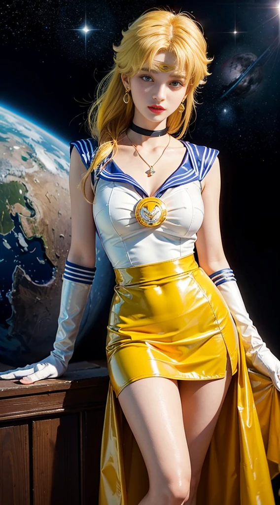 (((nsfw)))、((masterpiece:1.4)、(Highest quality:1.4)、(Realistic:1.7))、Masseter muscle area:1.4、Beautiful girl、(Sailor Moon:1.4)、tsukino usagi、Body Fit Sexy Sailor Warrior Uniform、(Latex Gloss)、(The jacket is a white sleeveless sailor suit.)、(Skirt Blue Sexy Ultra Ultra Pleated Mini Skirt)、The collar of the sailor suit is blue.、There are two thin lines.、High leg swimsuit、Red cloth decoration on chest、(wearing white gloves)、pretty girl、Super Beauty、Sharp focus、Portrait Photography、(Perfect female body:1.4)、Perfect Proportions、Upper body photo shoot:1.4、Beautiful Face、Beautiful Eyes、Tight waist、Beautiful feet、(Yellow Hair:1.4)、(Hair length:1.2)、Beautiful breasts、Big ample breasts:1.2、Sexy ass、RAW Photos、Red lips、Red High Heels:1.4、choker:1.4、necklace:1.4、Earrings:1.4、Gorgeous golden tiara:1.4、1 Screen Display、moon、Cosmos、Spaceship、Space Station、City of the Future