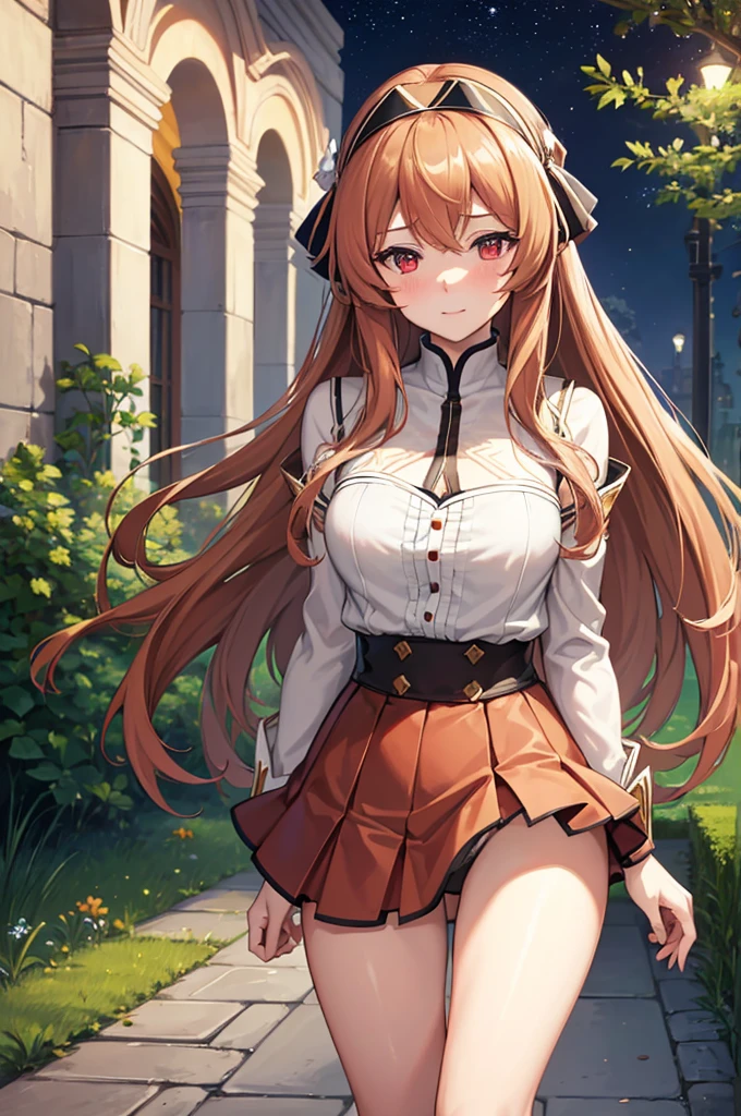 Highly detailed, high quality, masterpiece, beautiful, (all photographic shot), girl student girl, Raphtalia character, red eyes, perfect eyes, beautiful eyes, light eyes, blushing face, brown hair, happy face, big thighs, with headband, medium chest, long hair, sexy, short skirt, shows full panties, background image in a garden at night