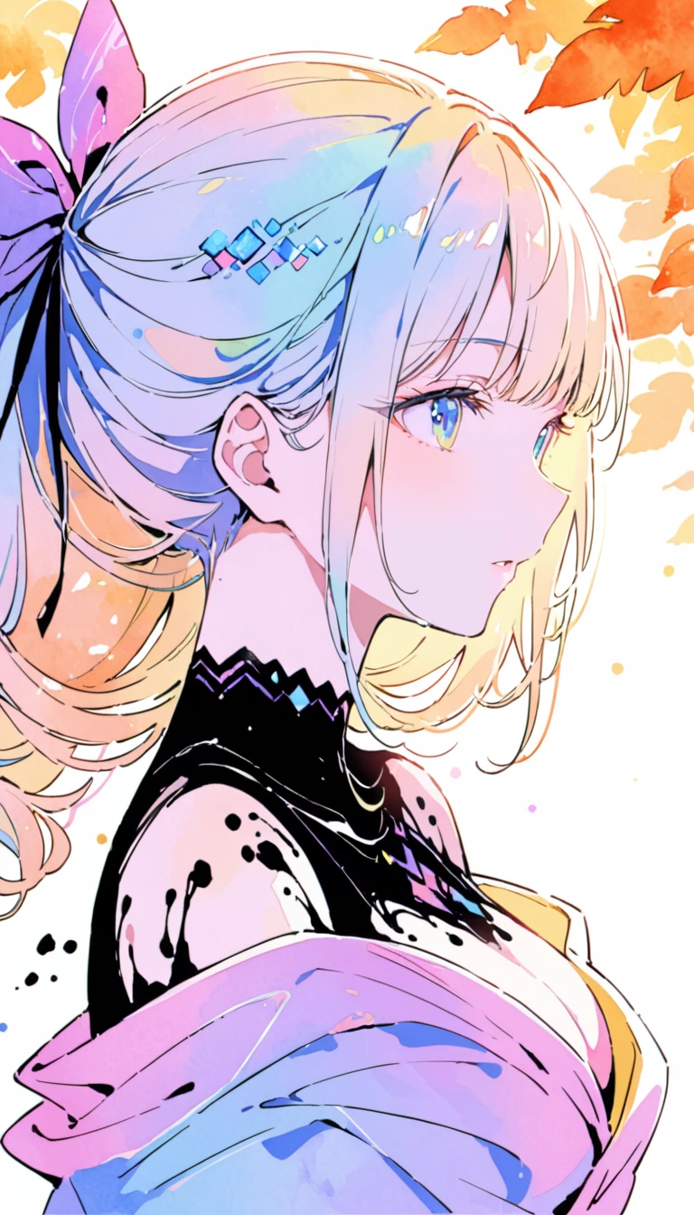 (8K, Highest quality, masterpiece:1.2),(Highest quality:1.0), (Ultra-high resolution:1.0), watercolor, Beautiful woman, shoulder, Hair Ribbon, Agnes Cecil, Half Body Portrait, Super bright design, pastel colour, (ink:1.3), Autumn Light,