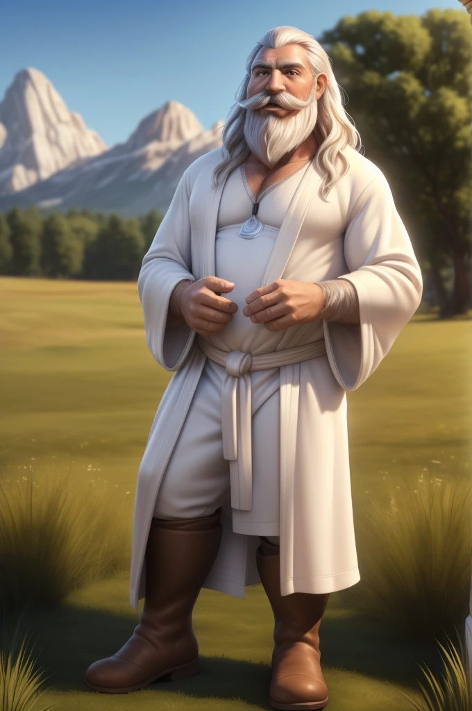 Gandalf, (pose:Full Body Shot), (posing:Full Body Shot), (soft shading), (((4k, hi res, Ray tracing))), (((five fingers, detailed hands))), ((detailed face, (detailed eyes:1.0), detailed)), by zackarry911, by zaush, (by personalami:0.5), looking at viewer, (((happy,flirting eyes))), (((old and wise))), (((Highly detailed hair))), standing,(((standing))),((( Mustache,beard))) ,male focus, white hair, (((handsome))), nature, // ((human)),(((white Robe,white shirt, brown longpant, brown boot))),((Human, looking at viewer)),((grassy field background, lens blur, lens flare)),
