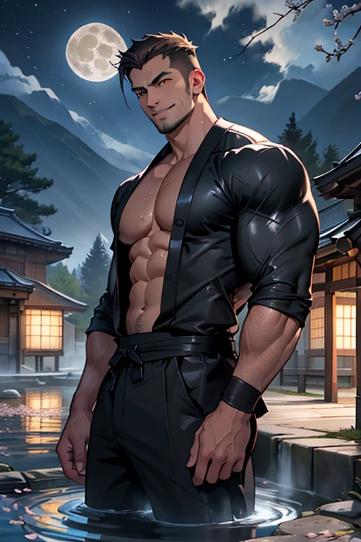Young man, high, athletic and muscular, BROWN SKIN, bright yellow eyes, elegant, sensual and masculine, flirtatious smile, handsome, dark hair, graffiti, military court, emerging half-length from a hot spring well, are shirt, WET BODY, (in the background an old Japanese house, the dark evening sky, stars and a big white full moon, A cherry blossom tree in full bloom and the wind making the petals fly)