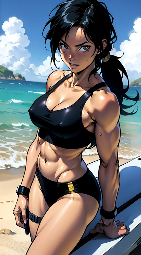 アニメ cel-shading Lara Croft, bikini, on the beach in ((anime + manga + comics + cartoon) style)