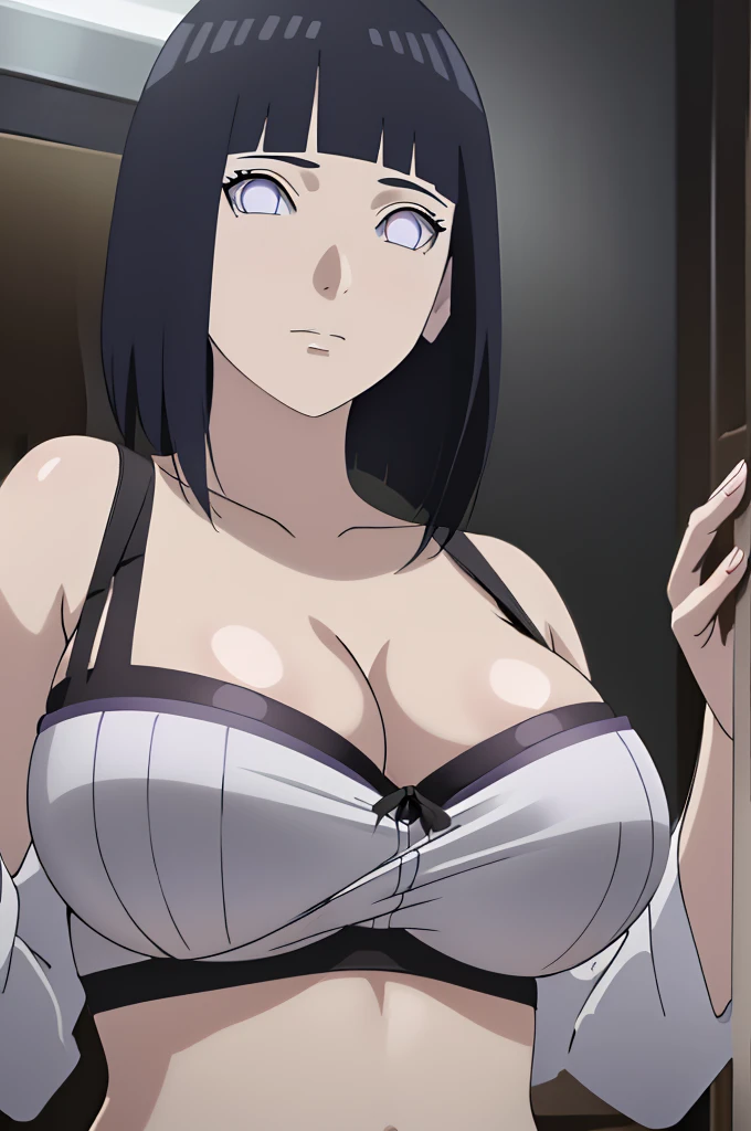 masterpiece, (intricate details), (colorful),cinematic lighting,extremely detailed CG unity 8k wallpaper ,hinata\(boruto\), 1girl,solo, large breasts, (hinata, hyuuga hinata, purple eyes, blunt bangs, black hair) big breasts, perfect breasts, large breasts, round breasts, sexy body, black bra, push up bra, cleavage, bare shoulders, collarbone, underboob, plain background, close up shot, portrait, upper body shot, headshot, white backdrop, perfect eyes, glowing eyes, beautiful eyes, black background, simple background, no background , 