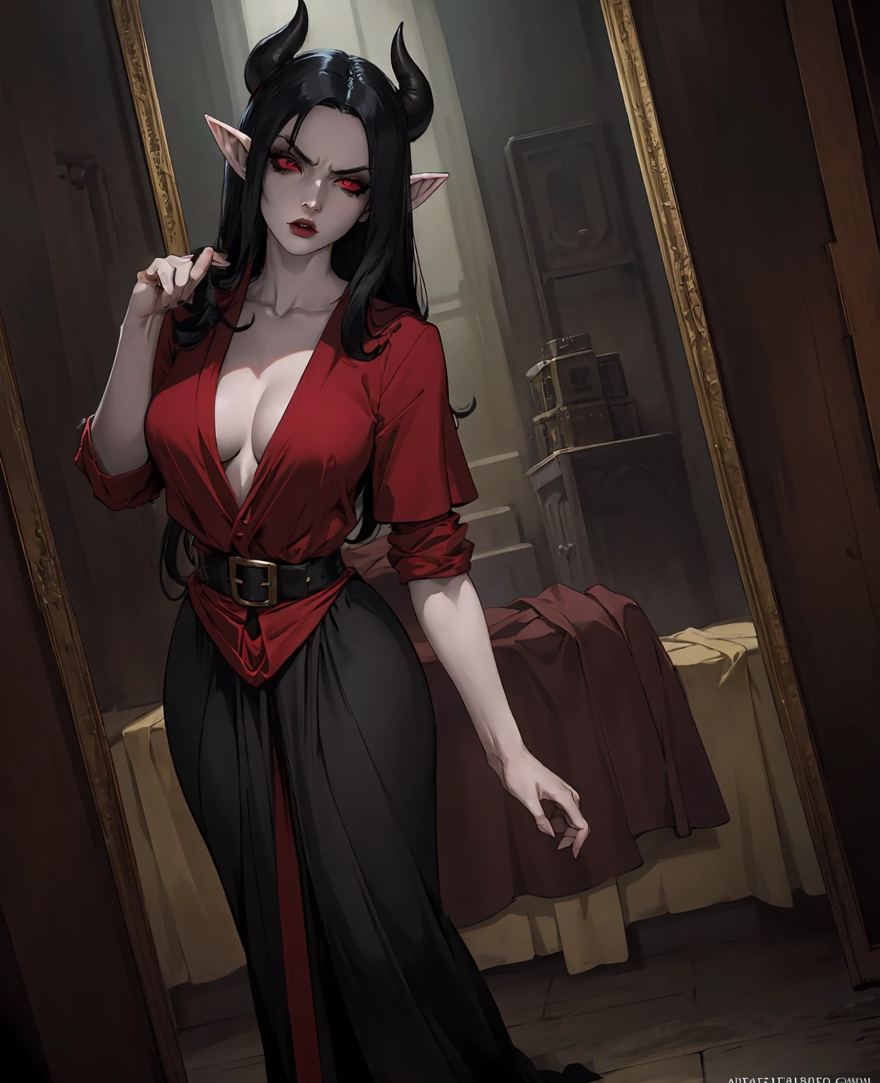 a devilish woman with black hair,pale skin,red eyes,elf-like costume,full body,dark fantasy,sexy,realistic,detailed,cinematic lighting,dramatic,moody,chiaroscuro,dramatic pose,complex composition,muted colors,ethereal,haunting